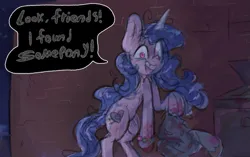 Size: 1113x697 | Tagged: semi-grimdark, derpibooru import, izzy moonbow, unnamed character, unnamed pony, pony, unicorn, alleyway, bag, blood, dark, dumpster, elizabeth moonbow, female, g5, here we go again, image, implied mane five, mare, night, op already regrets this, png, the new pinkie pie, trash bag, unicycling will follow