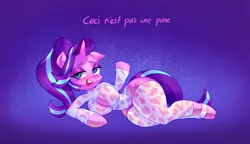 Size: 1280x736 | Tagged: suggestive, artist:v33tox, derpibooru import, starlight glimmer, anthro, semi-anthro, unguligrade anthro, unicorn, big breasts, boob window, breasts, cleavage, clothes, cowprint, eyelashes, floppy ears, french, hips, horn, image, jpeg, lidded eyes, looking at you, lying down, open mouth, pose, side, socks, solo, thigh highs, thighs, thunder thighs, wide hips