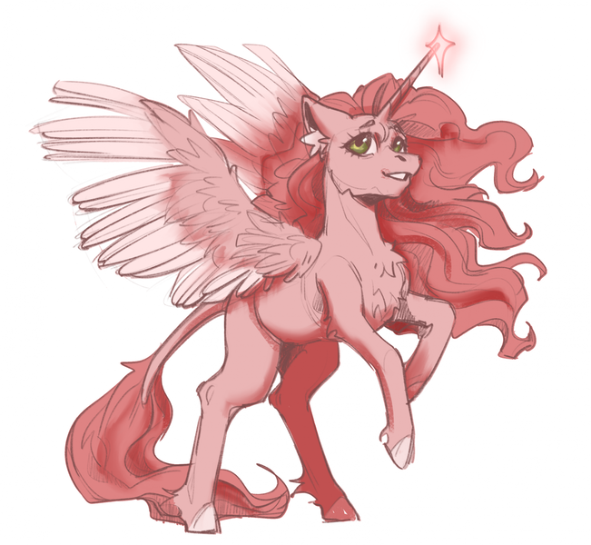 Size: 1999x1843 | Tagged: safe, artist:bon_lee, derpibooru import, oc, unofficial characters only, alicorn, pony, alicorn oc, eyebrows, eyelashes, female, horn, image, leonine tail, long mane, magic, mare, pegasus wings, pink, png, rearing, smiling, solo, spread wings, tail, wings