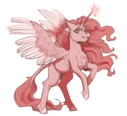 Size: 1999x1843 | Tagged: safe, artist:bon_lee, derpibooru import, oc, unofficial characters only, alicorn, pony, alicorn oc, eyebrows, eyelashes, female, horn, image, leonine tail, long mane, magic, mare, pegasus wings, pink, png, rearing, smiling, solo, spread wings, tail, wings