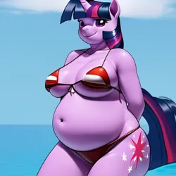 Size: 1024x1024 | Tagged: suggestive, derpibooru import, machine learning generated, stable diffusion, twilight sparkle, anthro, unicorn, belly, belly button, big belly, bikini, breasts, busty twilight sparkle, clothes, cloud, fat, female, front-tie bikini, hands behind back, horn, image, looking at you, micro bikini, ocean, outdoors, png, sky, smiling, solo, solo female, string bikini, swimsuit, tail, twilard sparkle, underboob, water
