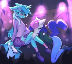 Size: 2740x2428 | Tagged: safe, artist:fajeh, derpibooru import, bon bon, lyra heartstrings, sweetie drops, anthro, earth pony, unicorn, blushing, bonk, clothes, denim, duo, female, heart, image, jeans, lesbian, lyrabon, miniskirt, newspaper, pants, png, shipping, skirt, smiling