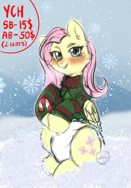 Size: 1640x2344 | Tagged: questionable, artist:vaiola, derpibooru import, fluttershy, pegasus, pony, advertisement, auction, background, big eyes, blushing, christmas, christmas sweater, clothes, cold, commission, cute, cutie mark, diaper, diaper fetish, eyebrows, fetish, full body, happy, holiday, image, looking at you, mountain, non-baby in diaper, open mouth, png, snow, snowfall, snowflake, solo, sweater, wings, winter, ych example, ych sketch, your character here