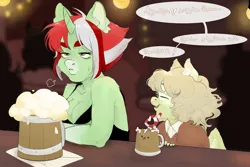 Size: 1280x853 | Tagged: safe, artist:pavuk, derpibooru import, oc, anthro, pegasus, unicorn, bar, beer stein, black dress, breasts, chest fluff, cleavage, clothes, crazy straw, dress, eyebrows, eyes closed, horn, image, jpeg, lidded eyes, open mouth, pegasus oc, speech bubble, talking, tired, two toned mane, unicorn oc, wings