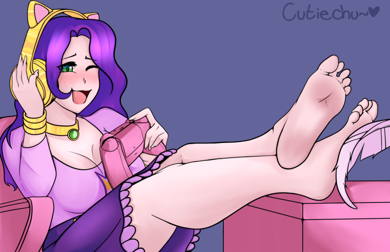 Size: 2300x1486 | Tagged: safe, artist:tickly-giggles, derpibooru import, pipp petals, human, barefoot, breasts, cleavage, controller, feather, feet, fetish, foot fetish, foot focus, foot tickling, g5, gamer pipp, headphones, humanized, image, laughing, png, soles, tickling, toes