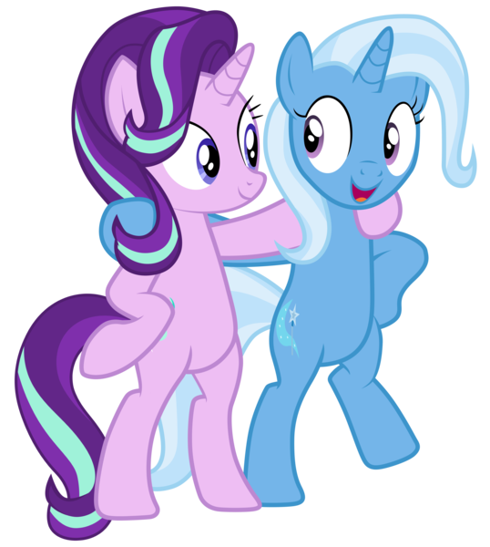 Size: 7000x7800 | Tagged: safe, artist:tardifice, derpibooru import, starlight glimmer, trixie, pony, unicorn, road to friendship, absurd resolution, bipedal, duo, duo female, eye contact, female, hoof on hip, image, looking at each other, looking at someone, mare, open mouth, open smile, png, side hug, simple background, smiling, smiling at each other, transparent background, vector