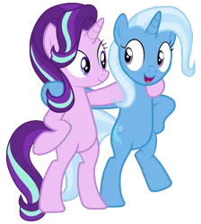 Size: 7000x7800 | Tagged: safe, artist:tardifice, derpibooru import, starlight glimmer, trixie, pony, unicorn, road to friendship, absurd resolution, bipedal, duo, duo female, eye contact, female, hoof on hip, image, looking at each other, looking at someone, mare, open mouth, open smile, png, side hug, simple background, smiling, smiling at each other, transparent background, vector