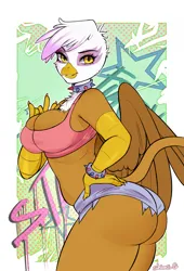 Size: 1583x2328 | Tagged: suggestive, artist:shion5g, artist:shionsg, derpibooru import, gilda, anthro, gryphon, ass, big breasts, bracelet, breasts, bubble butt, butt, cleavage, clothes, collar, daisy dukes, eyelashes, feather, female, gildonk, hand on hip, hips, image, leonine tail, looking at you, markings, midriff, png, short shirt, shorts, slightly chubby, smiling, solo, spiked collar, spiked wristband, spread wings, stars, tail, talons, thighs, thunder thighs, wings, wristband