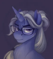 Size: 1800x2000 | Tagged: safe, artist:jewellier, derpibooru import, oc, oc:martin fleming, unofficial characters only, pony, unicorn, bust, glasses, horn, image, long mane, long mane male, looking at you, male, oda 1997, oda 997, png, portrait, serious, serious face, simple background, solo, stallion, torn ear, unamused, unicorn oc