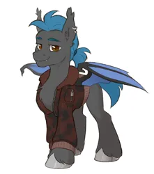 Size: 1500x1700 | Tagged: safe, artist:jewellier, derpibooru import, oc, oc:vox noctis, unofficial characters only, bat pony, pony, bat pony oc, bat wings, clothes, ear piercing, earring, fangs, image, jacket, jewelry, looking at you, male, oda 1997, piercing, png, ponytail, simple background, stallion, unshorn fetlocks, white background, wings