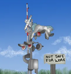 Size: 2000x2070 | Tagged: safe, artist:inisealga, derpibooru import, oc, oc:lunar signal, unofficial characters only, bat pony, bat pony unicorn, hybrid, unicorn, bat pony oc, bat wings, cloud, horn, image, png, railroad, railroad crossing, railroad crossing signal, signal, signal maintainer, signal maintenance, sky, unsafe work practice, wings