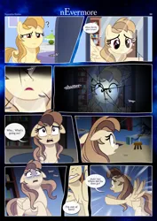 Size: 3259x4607 | Tagged: safe, artist:estories, derpibooru import, oc, oc:alice goldenfeather, unofficial characters only, pegasus, pony, comic:nevermore, bedroom, comic, cracking, door, female, folded wings, frown, high res, image, mare, mirror, open mouth, pegasus oc, png, room, running, scared, speech bubble, spread wings, talking, wings