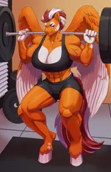 Size: 1545x2385 | Tagged: safe, artist:menzzu, derpibooru import, oc, oc:eleftheria, unofficial characters only, anthro, pegasus, unguligrade anthro, abs, barbell, big breasts, breasts, busty oc, clothes, commission, compression shorts, female, gym, huge breasts, image, muscles, muscular female, png, solo, sports bra, sweat, vein bulge, weight lifting, weights, workout