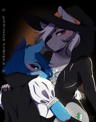 Size: 1705x2160 | Tagged: safe, artist:bambudess, derpibooru import, oc, anthro, earth pony, blushing, breasts, cleavage, clothes, costume, eyelashes, eyeshadow, female, halloween, halloween costume, hand on shoulder, hat, holiday, image, lidded eyes, lips, looking at you, makeup, png, smiling, witch, witch hat