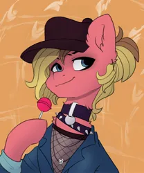 Size: 1706x2048 | Tagged: safe, artist:chibadeer, derpibooru import, oc, unofficial characters only, earth pony, pony, candy, cap, choker, clothes, collar, fishnet clothing, food, hat, image, jacket, jpeg, lollipop, smiling, solo, spiked choker