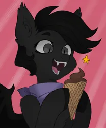 Size: 1707x2048 | Tagged: safe, artist:chibadeer, derpibooru import, oc, unofficial characters only, bat pony, pony, bat pony oc, bat wings, fangs, food, happe, ice cream, ice cream cone, image, jpeg, open mouth, open smile, smiling, solo, wings