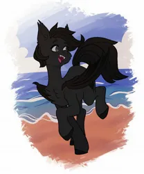 Size: 1707x2048 | Tagged: safe, artist:chibadeer, derpibooru import, oc, unofficial characters only, bat pony, pony, bat pony oc, bat wings, beach, chest fluff, image, jpeg, looking back, open mouth, open smile, smiling, solo, wings