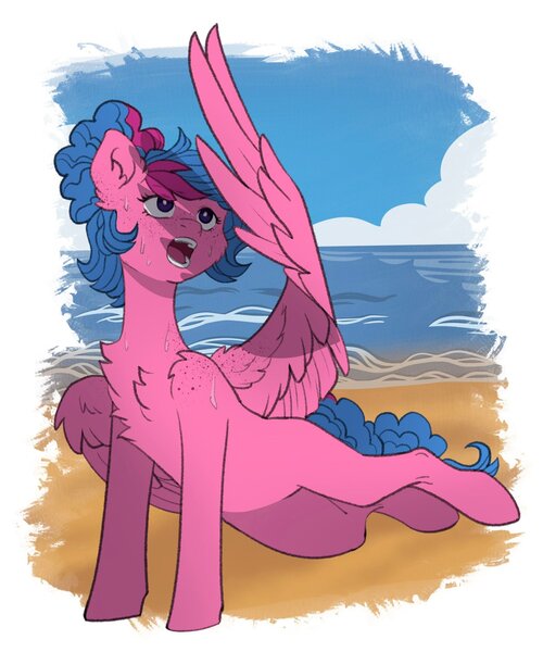 Size: 1706x2048 | Tagged: safe, artist:chibadeer, derpibooru import, oc, unofficial characters only, pegasus, pony, beach, chest fluff, image, jpeg, open mouth, shade, solo, spread wings, sweat, wings