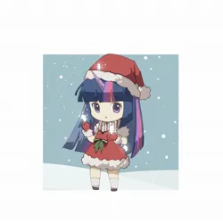Size: 2048x2048 | Tagged: safe, artist:lendftcn, derpibooru import, twilight sparkle, human, chibi, christmas, clothes, female, hat, holiday, horn, horned humanization, humanized, image, jpeg, looking at you, mittens, santa hat, scarf, snow, snowfall, solo