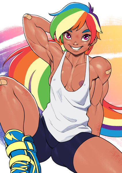 Size: 842x1191 | Tagged: questionable, artist:pokkuti, derpibooru import, rainbow dash, human, abs, arm behind head, bandaid, biceps, breasts, clothes, erect nipples, female, flexing, hat, humanized, image, looking at you, muscles, muscular female, nipple outline, png, shirt, shoes, shorts, smiling, sneakers, solo