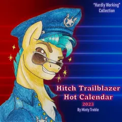 Size: 967x967 | Tagged: safe, artist:mintytreble, derpibooru import, hitch trailblazer, pony, calendar, chest fluff, g5, image, jpeg, male, police, smiling, solo, stallion, traditional art