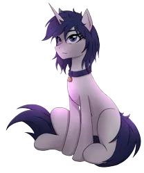 Size: 3322x4001 | Tagged: safe, artist:alicetriestodraw, derpibooru import, oc, oc:mysza, unofficial characters only, pony, unicorn, derpibooru community collaboration, 2023 community collab, blue eyes, blue mane, collar, female, horn, image, mare, png, simple background, sitting, solo, transparent background, unicorn oc, white fur