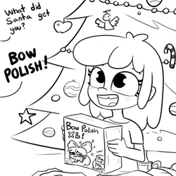 Size: 1584x1584 | Tagged: safe, artist:tjpones, derpibooru import, apple bloom, human, adorabloom, black and white, box, christmas, christmas tree, cute, dialogue, freckles, grayscale, holiday, humanized, image, monochrome, offscreen character, open mouth, open smile, png, simple background, smiling, solo, tree, white background