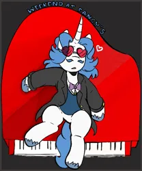 Size: 559x671 | Tagged: safe, artist:dsstoner, derpibooru import, fancypants, pony, unicorn, aggie.io, clothes, glasses, heart, image, lying down, male, musical instrument, on back, passed out, piano, png, simple background, stallion, weekend at bernie's