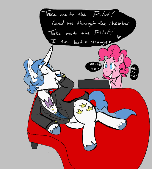 Size: 511x569 | Tagged: safe, artist:dsstoner, derpibooru import, fancypants, pinkie pie, earth pony, pony, unicorn, aggie.io, clothes, elton john, eyes closed, image, lying down, monocle, musical instrument, piano, png, simple background, singing, smiling