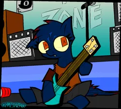 Size: 969x873 | Tagged: safe, artist:xxv4mp_g4z3rxx, derpibooru import, ponified, earth pony, pony, amplifier, bass guitar, clothes, cup, fangs, image, mae borowski, mane highlights, microphone, microphone stand, musical instrument, night in the woods, pants, png, poster, red eyes, shirt, signature, sitting, solo, yellow sclera