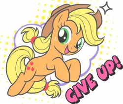 Size: 320x270 | Tagged: safe, derpibooru import, applejack, earth pony, pony, applejack's hat, cowboy hat, dissonant caption, female, freckles, give up, hat, image, jpeg, mare, open mouth, solo, sticker, subversive kawaii, text