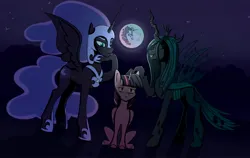 Size: 2560x1622 | Tagged: safe, artist:tanatos, derpibooru import, nightmare moon, queen chrysalis, twilight sparkle, twilight sparkle (alicorn), alicorn, changeling, image, jpeg, moon, night