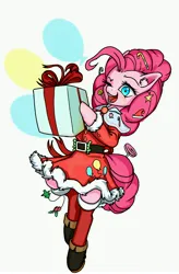 Size: 3946x6000 | Tagged: safe, artist:ph平和, derpibooru import, pinkie pie, pony, blinking, boots, box, candy, candy cane, christmas, christmas stocking, clothes, costume, cutie mark, female, food, holiday, image, jpeg, looking at you, santa costume, shoes, simple background, smiling, smiling at you, socks, solo, standing, white background