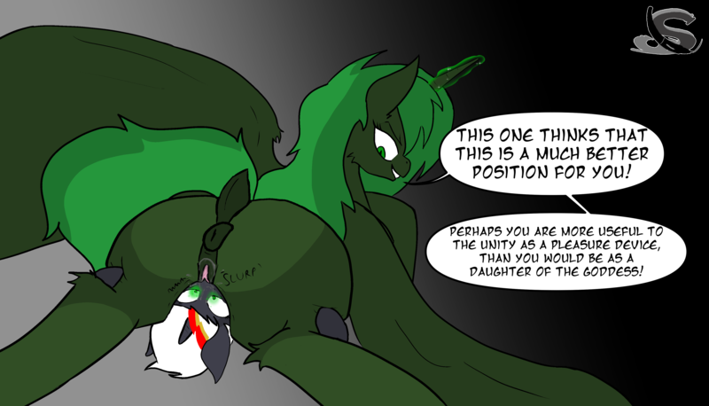 Size: 4134x2366 | Tagged: explicit, artist:steelstroke, derpibooru import, oc, oc:velvet remedy, unofficial characters only, alicorn, pony, unicorn, fallout equestria, artificial alicorn, ass, butt, cunnilingus, dialogue, female, green alicorn (fo:e), hypnosis, image, lesbian, mare, mind control, oral, png, sex, shrunken pupils, speech bubble