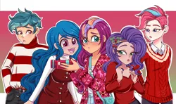 Size: 3508x2080 | Tagged: safe, artist:lucy-tan, derpibooru import, hitch trailblazer, izzy moonbow, pipp petals, sunny starscout, zipp storm, equestria girls, g5, adorapipp, adorazipp, belt, blushing, christmas, clothes, cute, denim, dress, ear piercing, earring, equestria girls-ified, female, hitchbetes, holiday, image, izzybetes, izzyscout, jeans, jewelry, lesbian, male, mane five (g5), mistletoe, open mouth, pants, piercing, png, present, shipping, shirt, siblings, sisters, straight, striped sweater, sunnybetes, sunnyhitch, sunnypipp, sunnyzipp, sweater