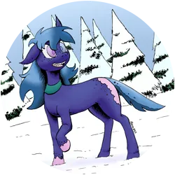 Size: 1280x1281 | Tagged: safe, artist:darkhestur, derpibooru import, oc, female, heterochromia, image, missing cutie mark, pine forest, png, pointy teeth, smiling, snow, solo, solo female