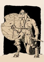 Size: 905x1280 | Tagged: safe, artist:darkhestur, derpibooru import, oc, oc:dark, anthro, axe, clothes, fantasy class, helmet, image, monochrome, png, shield, traditional art, viking, warrior, weapon
