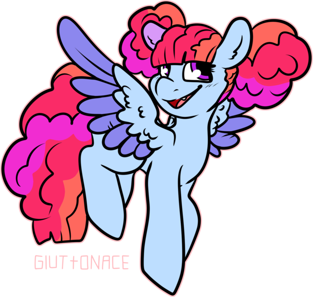 Size: 1592x1508 | Tagged: safe, artist:sexygoatgod, derpibooru import, oc, oc:sugar rush, unofficial characters only, pegasus, pony, adoptable, female, image, magical lesbian spawn, mare, offspring, open mouth, open smile, parent:pinkie pie, parent:rainbow dash, parents:pinkiedash, pegasus oc, png, simple background, smiling, solo, transparent background, wings