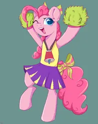 Size: 3590x4547 | Tagged: safe, artist:ske, derpibooru import, pinkie pie, earth pony, pony, bipedal, bow, cheerleader, cheerleader outfit, cheerleader pinkie, clothes, female, hair bow, image, mare, megaphone, one eye closed, open mouth, png, pom pom, solo, tail, tail bow