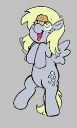 Size: 193x321 | Tagged: safe, artist:dsstoner, derpibooru import, derpy hooves, pegasus, pony, aggie.io, balancing, female, flying, food, image, looking up, lowres, mare, muffin, open mouth, png, simple background, smiling, spread wings, wings