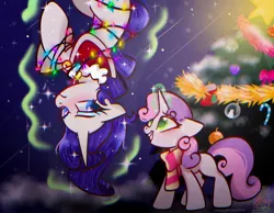 Size: 1368x1063 | Tagged: safe, artist:peptwinklr, derpibooru import, rarity, sweetie belle, pony, unicorn, belle sisters, blushing, christmas, christmas lights, christmas tree, clothes, duo, female, filly, foal, frown, holiday, image, jpeg, levitation, looking at each other, looking at someone, magic, mare, scarf, shawl, siblings, sisters, tangled up, telekinesis, tree, upside down