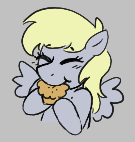Size: 135x142 | Tagged: safe, artist:dsstoner, derpibooru import, derpy hooves, pegasus, pony, aggie.io, eating, eyes closed, female, food, image, lowres, mare, muffin, png, simple background, smiling, spread wings, wings