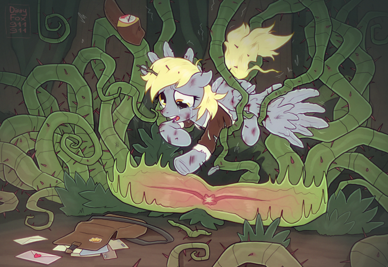 Size: 2080x1430 | Tagged: semi-grimdark, artist:dirtyfox911911, derpibooru import, derpy hooves, pegasus, pony, accident, blood, carnivorous plant, clothes, commission, crying, derpibooru exclusive, image, injured, letter, love letter, mailmare, plant, png, scratches, solo, thorn, trapped, uniform, vine