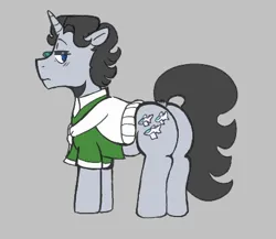Size: 439x381 | Tagged: safe, artist:dsstoner, derpibooru import, jet set, pony, unicorn, aggie.io, butt, clothes, dock, frown, image, looking back, lowres, male, plot, png, raised tail, shirt, simple background, solo, stallion, sweater, tail