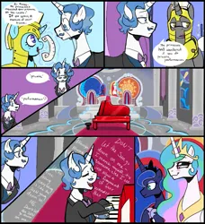 Size: 655x718 | Tagged: safe, artist:dsstoner, artist:hrukii, derpibooru import, fancypants, princess celestia, princess luna, oc, alicorn, pony, unicorn, aggie.io, blushing, clothes, comic, elton john, eyes closed, female, image, magic, male, mare, musical instrument, open mouth, piano, png, royal guard, singing, sitting, smiling, stallion, talking, throne