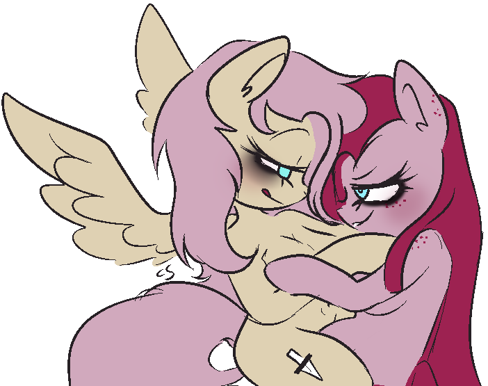 Size: 702x555 | Tagged: suggestive, artist:cutiesparke, derpibooru import, fluttershy, pinkie pie, semi-anthro, bags under eyes, belly button, breasts, duo, ear fluff, female, fluffy hair, flutterpie, fluttershed, freckles, hoof on chest, image, lesbian, licking, licking lips, lidded eyes, looking at each other, looking at someone, pinkamena diane pie, png, shipping, simple background, sitting on person, smiling, smiling at each other, spread wings, tongue out, white background, wings