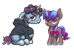 Size: 1560x1080 | Tagged: safe, artist:multiverseequine, derpibooru import, oc, oc:boreal, oc:terracotta light, unofficial characters only, pony, unicorn, bow, brother and sister, clothes, colored, colored hooves, colt, daybreak island, derpibooru exclusive, duo, female, filly, foal, hair bow, hoodie, horn, image, looking at you, male, multicolored hair, png, pony oc, purple eyes, red eyes, siblings, simple background, sitting, smiling, tail, tail bow, transparent background, unicorn oc, young