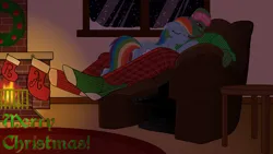 Size: 3840x2160 | Tagged: safe, artist:legendoflink, derpibooru import, rainbow dash, oc, oc:anon, human, pegasus, pony, chair, christmas, christmas stocking, christmas wreath, clothes, cute, dashabetes, duo, eyes closed, female, fire, fireplace, holiday, human male, image, male, mare, merry christmas, png, recliner, sleep mask, sleeping, smiling, snow, snowfall, sweater, text, window, wreath