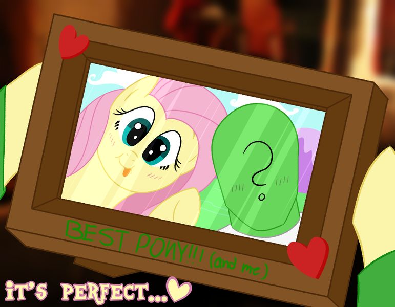Size: 4500x3500 | Tagged: safe, artist:legendoflink, derpibooru import, part of a set, fluttershy, oc, oc:anon, human, pegasus, pony, bust, dialogue, duo, heart, holding up, image, looking at you, picture frame, png, portrait, simple background, text, wingding eyes