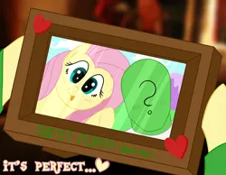 Size: 4500x3500 | Tagged: safe, artist:legendoflink, derpibooru import, part of a set, fluttershy, oc, oc:anon, human, pegasus, pony, bust, dialogue, duo, heart, holding up, image, looking at you, picture frame, png, portrait, simple background, text, wingding eyes